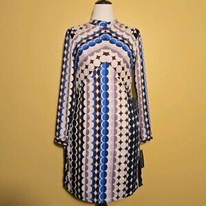 Donna Morgan Dress 8 Open Back Geometric Mod Long Sleeve Cream Pink Blue D8112M